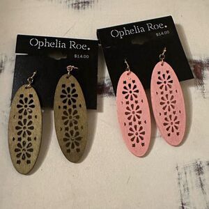 Ophelia Roe set of wooden dangles earrings green pink